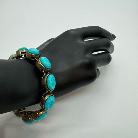 CHICOS Turquoise Antique Brass Bangle Bracelet With Magnetic Closure - Picture 1 of 4